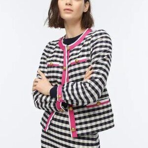 nwt J. Crew Navy Blue with Pink Grosgrain Trim Lady Jacket in Gingham Tweed 14